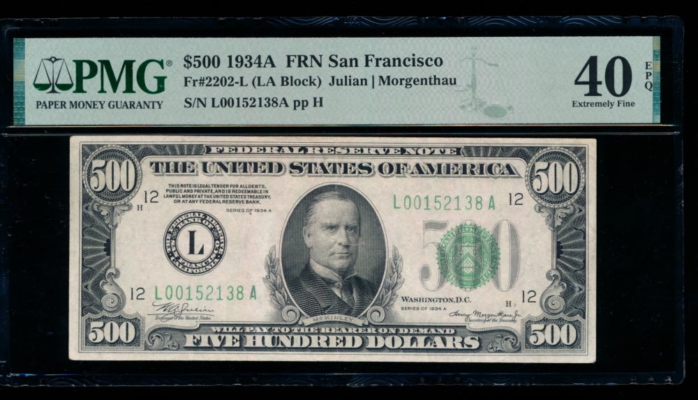 Fr. 2202-L 1934A $500  Federal Reserve Note San Francisco PMG 40EPQ L00152138A