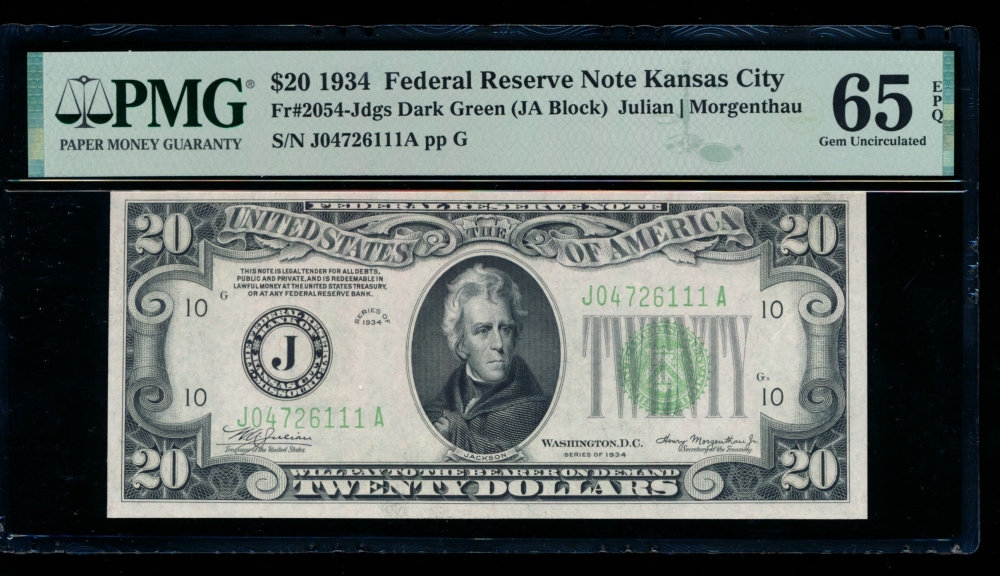 Fr. 2054-J 1934 $20  Federal Reserve Note Kansas City PMG 65EPQ J04726111A