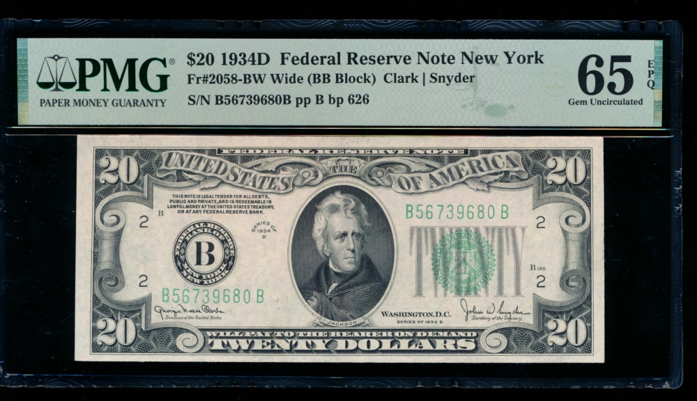 Fr. 2058-B 1934D $20  Federal Reserve Note Wide, BB block PMG 65EPQ B56739680B
