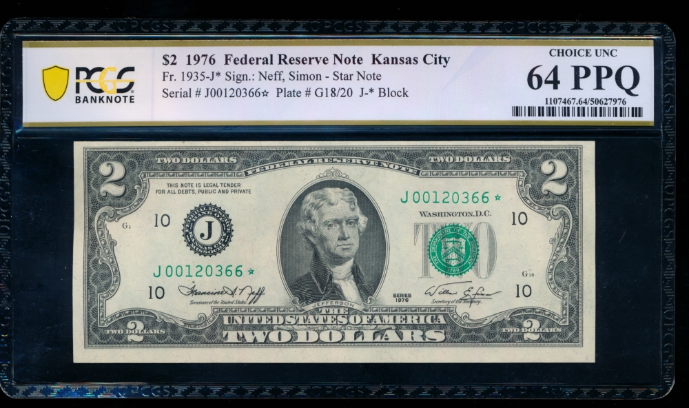 Fr. 1935-J 1976 $2  Federal Reserve Note Kansas City star PCGS 64PPQ J000120366*