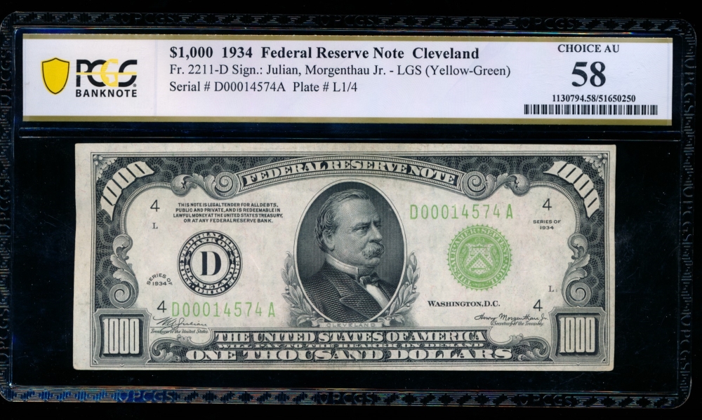 Fr. 2211-D 1934 $1,000  Federal Reserve Note Cleveland LGS PCGS 58 D00014574A