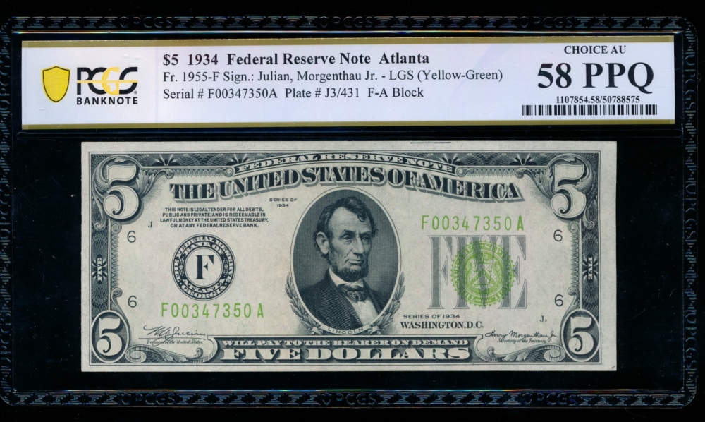 Fr. 1955-F 1934 $5  Federal Reserve Note Atlanta LGS PCGS 58PPQ F00347350A