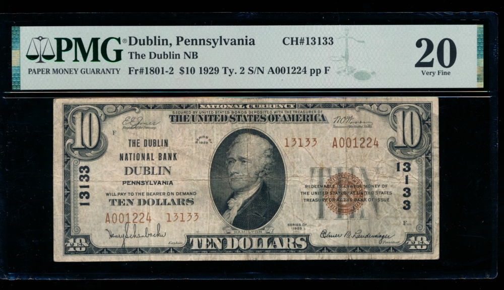 Fr. 1801-2 1929 $10  National: Type II Ch #13133 The Dublin National Bank, Dublin, Pennsylvania PMG 20 A001224