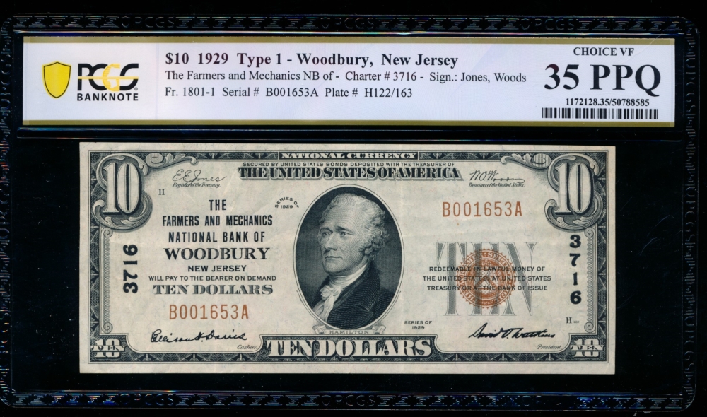 Fr. 1801-1 1929 $10  National: Type I Ch #3716 The Farmers and Mechanics National Bank of Woodbury, New Jersey PCGS 35PPQ B001653A