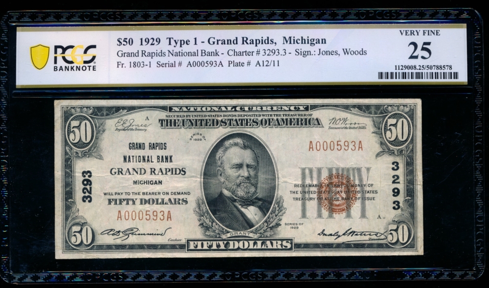 Fr. 1803-1 1929 $50  National: Type I Ch #3293 Grand Rapids National Bank Grand Rapids, Michigan PCGS 25 A000593A