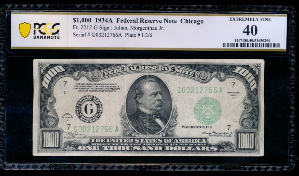 Fr. 2212-G 1934A $1,000  Federal Reserve Note Chicago PCGS 40 G00212766A
