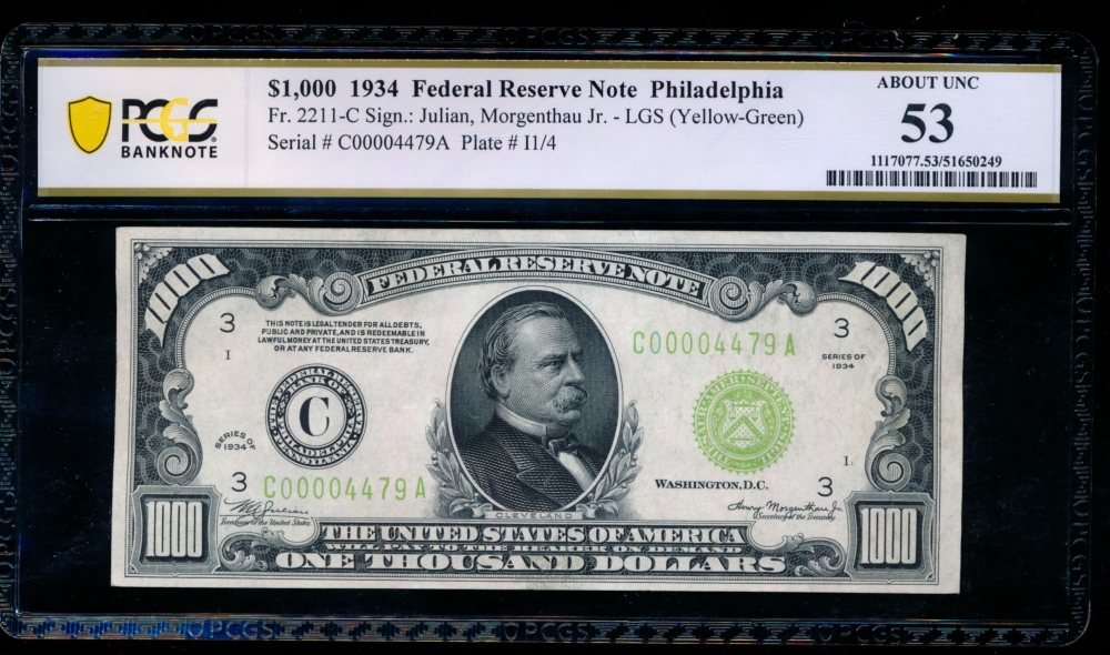 Fr. 2211-C 1934 $1,000  Federal Reserve Note Philadelphia LGS PCGS 53 C00004479A