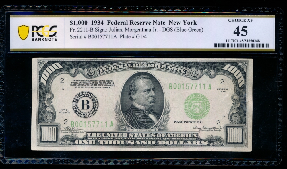 Fr. 2211-B 1934 $1,000  Federal Reserve Note New York PCGS 45 B00157711A