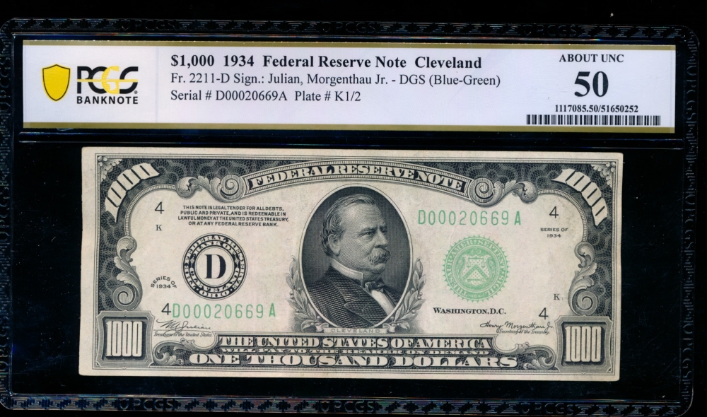 Fr. 2211-D 1934 $1,000  Federal Reserve Note Cleveland PCGS 50 D00020669A