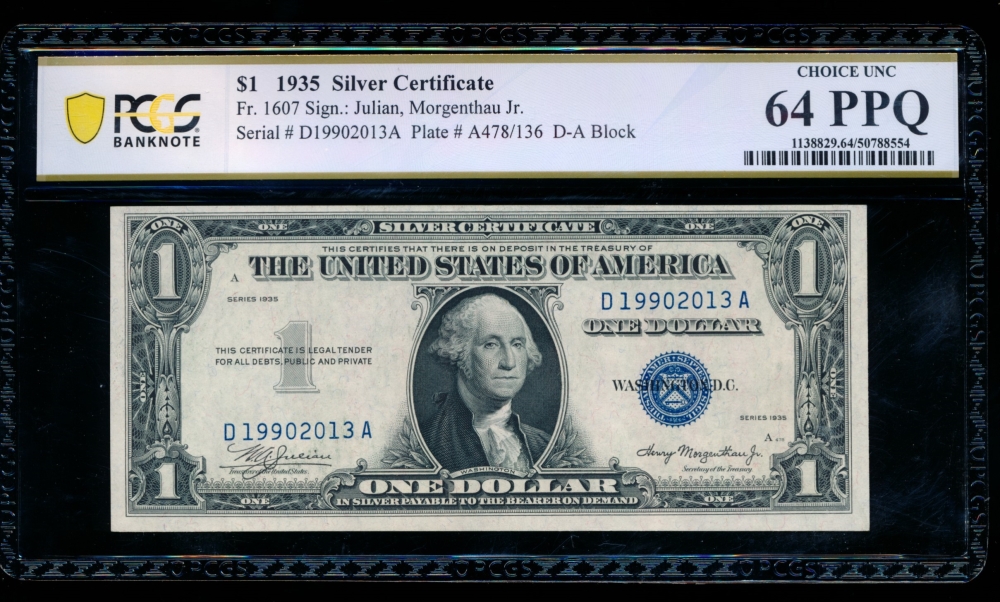Fr. 1607 1935 $1  Silver Certificate DA block PCGS 64PPQ D19902013A