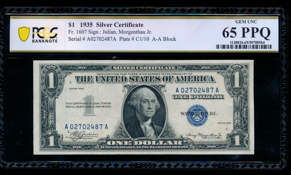 Fr. 1607 1935 $1  Silver Certificate AA block PCGS 65PPQ A02702487A