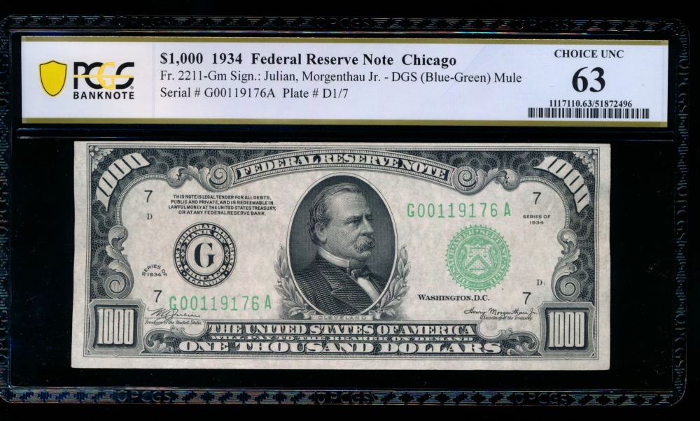 Fr. 2211-G 1934 $1,000  Federal Reserve Note Chicago PCGS 63 G00119176A