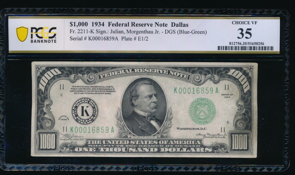 Fr. 2211-K 1934 $1,000  Federal Reserve Note Dallas PCGS 35 comment K00016859A