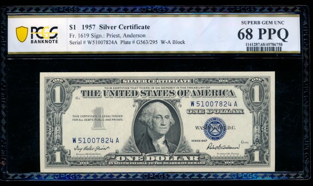 Fr. 1619 1957 $1  Silver Certificate WA block PCGS 68PPQ W51007824A