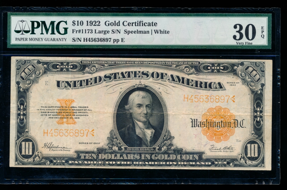 Fr. 1173 1922 $10  Gold Certificate  PMG 30EPQ H45636897