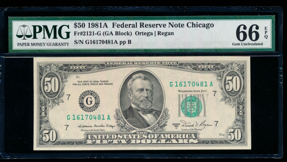 Fr. 2121-G 1981A $50  Federal Reserve Note Chicago PMG 66EPQ G16170481A