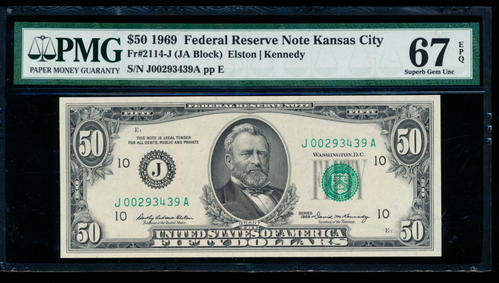 Fr. 2114-J 1969 $50  Federal Reserve Note Kansas City PMG 67EPQ J00293439A