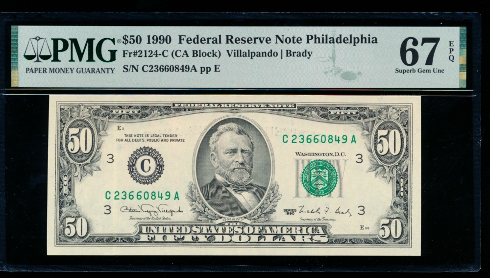 Fr. 2124-C 1990 $50  Federal Reserve Note Philadelphia PMG 67EPQ C23660849A