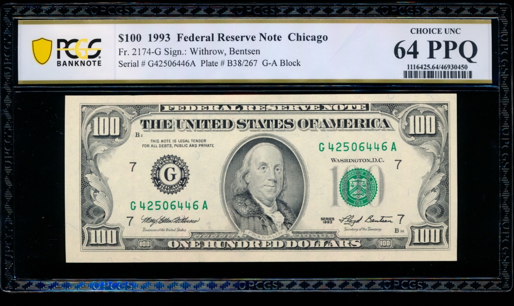 Fr. 2174-G 1993 $100  Federal Reserve Note Chicago PCGS 64PPQ G42506446A