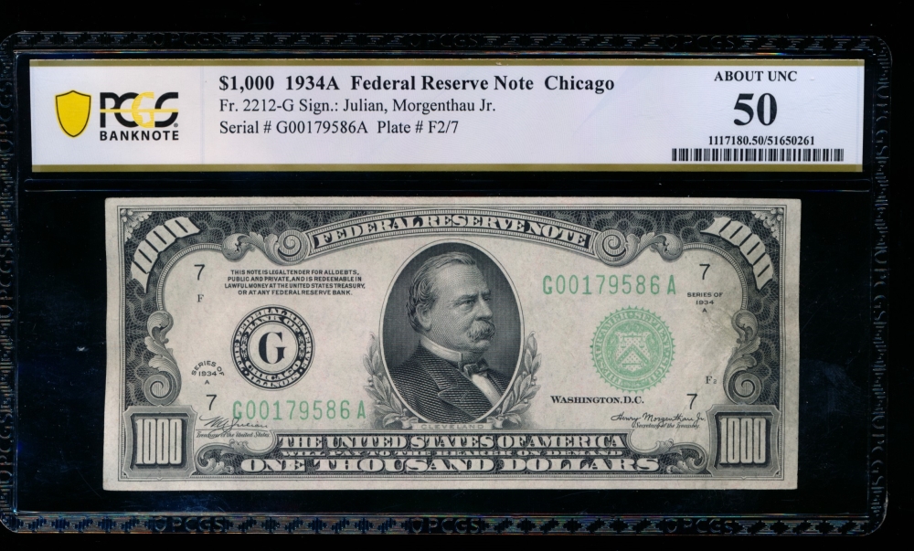 Fr. 2212-G 1934A $1,000  Federal Reserve Note Chicago PCGS 50 G00179586A