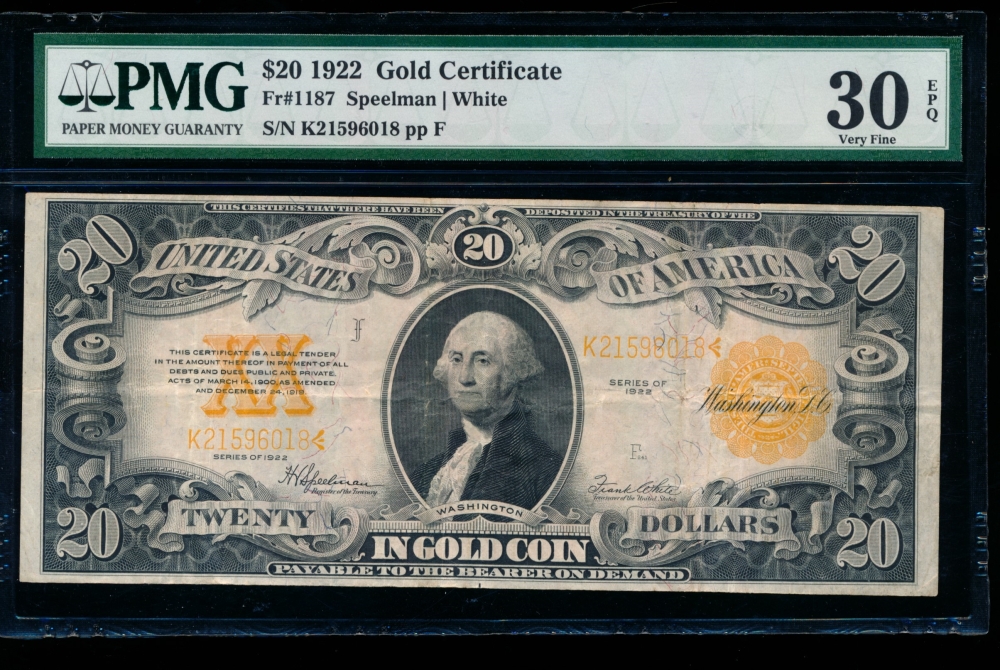 Fr. 1187 1922 $20  Gold Certificate  PMG 30EPQ K21596018