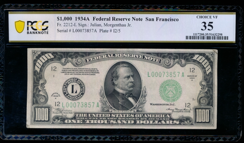 Fr. 2212-L 1934A $1,000  Federal Reserve Note San Francisco PCGS 35 L00073857A
