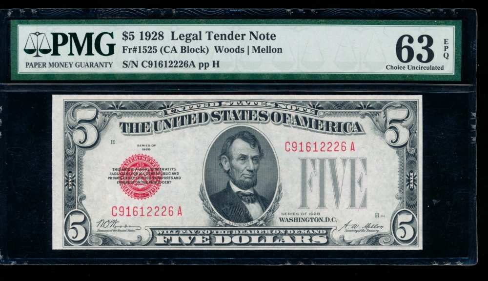 Fr. 1525 1928 $5  Legal Tender CA block PMG 63EPQ C91612226A
