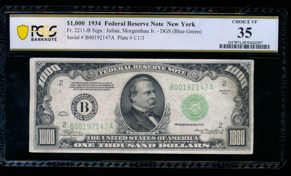Fr. 2211-B 1934 $1,000  Federal Reserve Note New York PCGS 35 B00192147A