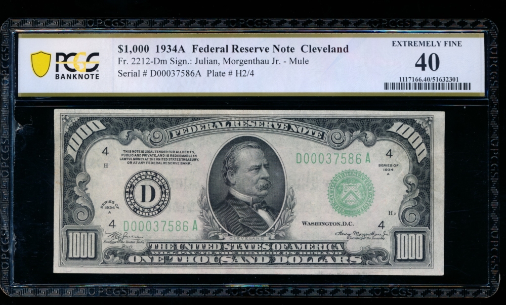 Fr. 2212-D 1934A $1,000  Federal Reserve Note Cleveland PCGS 40 D00037586A