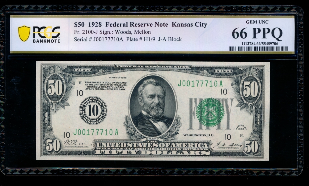 Fr. 2100-J 1928 $50  Federal Reserve Note Kansas City PCGS 66PPQ J00177710A