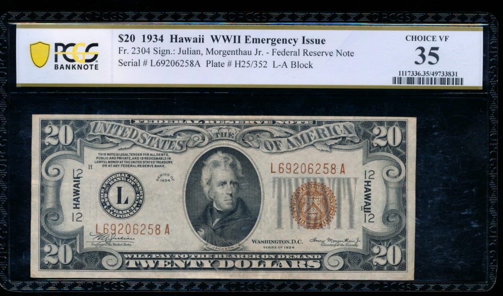 Fr. 2304 1934 $20  Hawaii non-mule PCGS 35 L69206258A