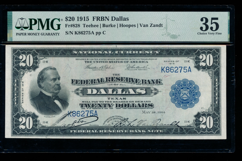 Fr. 828 1915 $20  FRBN Dallas PMG 35 K86275A