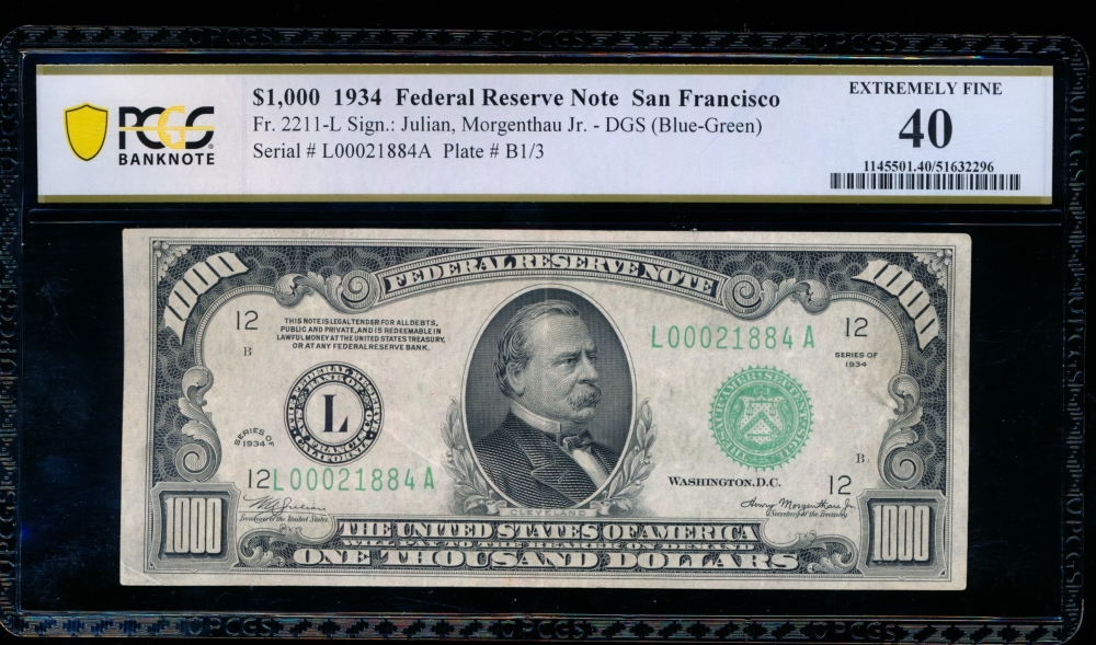 Fr. 2211-L 1934 $1,000  Federal Reserve Note San Francisco PCGS 40 L00021884A