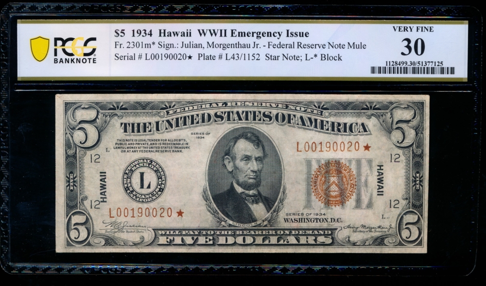Fr. 2301 1934 $5  Hawaii mule star PCGS 30 L00190020*