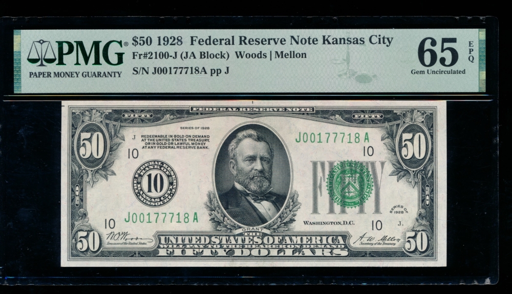 Fr. 2100-J 1928 $50  Federal Reserve Note Kansas City PMG 65EPQ J00177718A