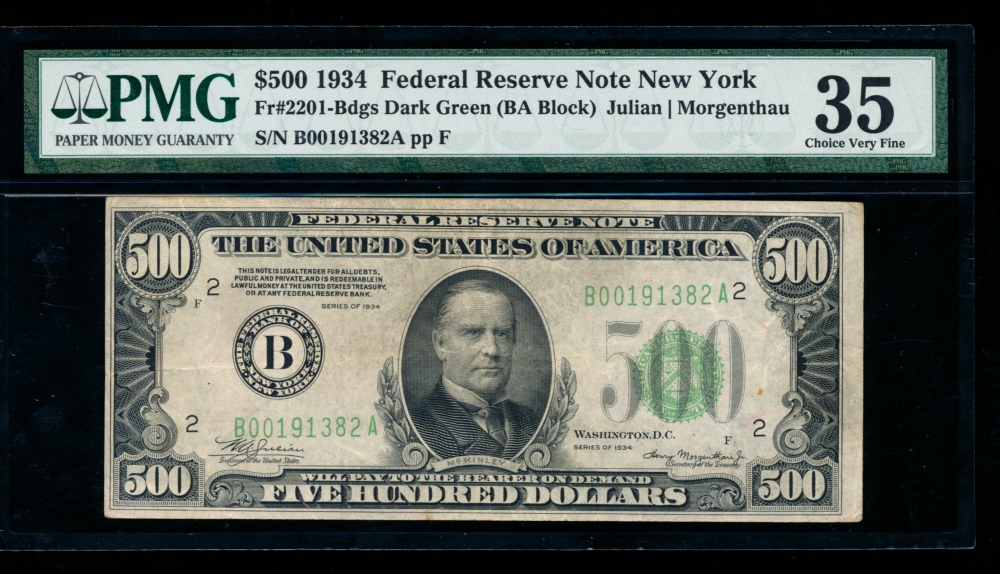 Fr. 2201-B 1934 $500  Federal Reserve Note  PMG 35 B00191382A