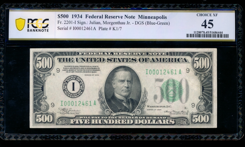 Fr. 2201-I 1934 $500  Federal Reserve Note Minneapolis PCGS 45 comment I00012461A