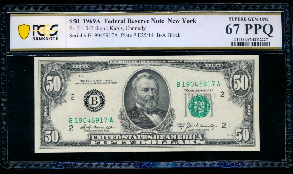 Fr. 2115-B 1969A $50  Federal Reserve Note New York PCGS 67PPQ B19045917A