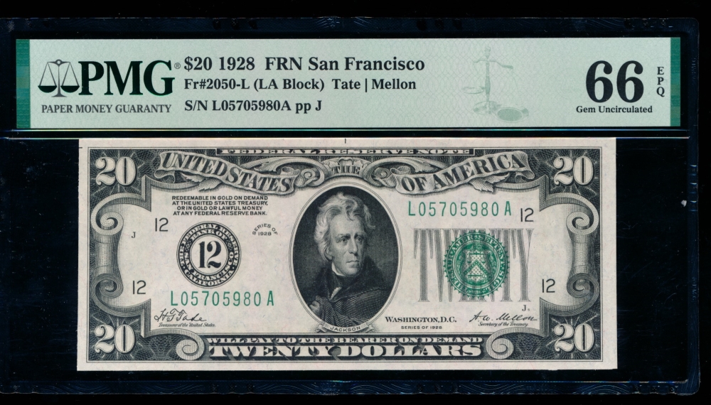Fr. 2050-L 1928 $20  Federal Reserve Note San Francisco PMG 66EPQ L05705980A