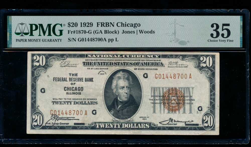 Fr. 1870-G 1929 $20  FRBN Chicago PMG 35 G01448700A