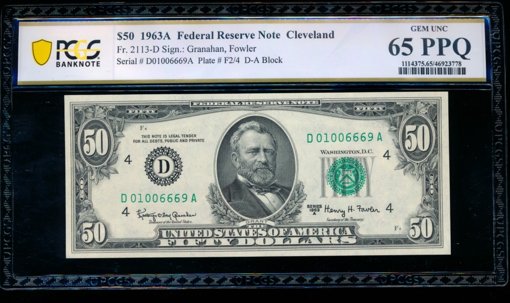 Fr. 2113-D 1963A $50  Federal Reserve Note Cleveland PCGS 65PPQ D01006669A