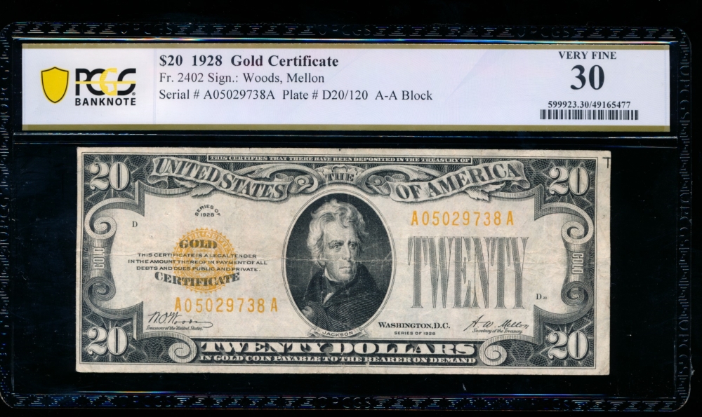 Fr. 2402 1928 $20  Gold Certificate  PCGS 30 A05029738A