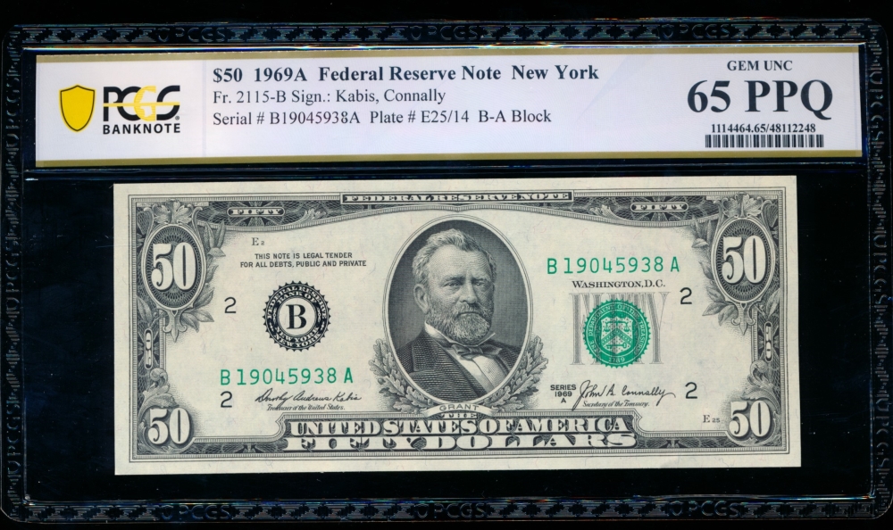 Fr. 2115-B 1969A $50  Federal Reserve Note New York PCGS 65PPQ B19045938A