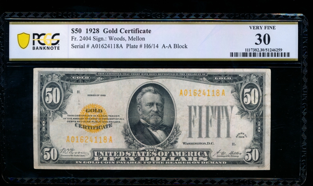 Fr. 2404 1928 $50  Gold Certificate  PCGS 30 A01624118A