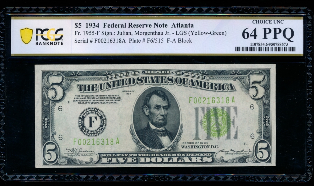 Fr. 1955-F 1934 $5  Federal Reserve Note Atlanta LGS PCGS 64PPQ F00216318A
