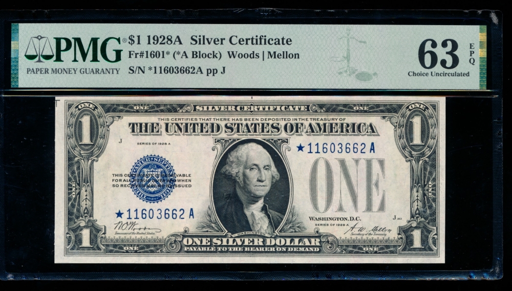 Fr. 1601 1928A $1  Silver Certificate *A block PMG 63EPQ *11603662A