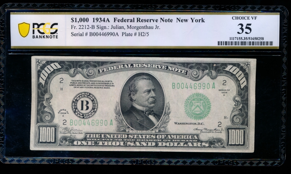 Fr. 2212-B 1934A $1,000  Federal Reserve Note New York PCGS 35 B00446990A