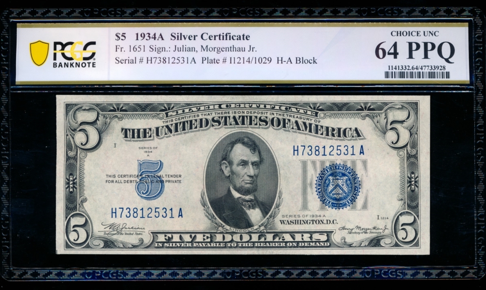 Fr. 1651 1934A $5  Silver Certificate HA block PCGS 64PPQ H73812531A