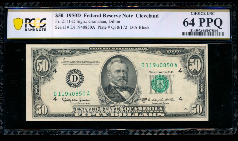 Fr. 2111-D 1950D $50  Federal Reserve Note Cleveland PCGS 64PPQ D11940850A