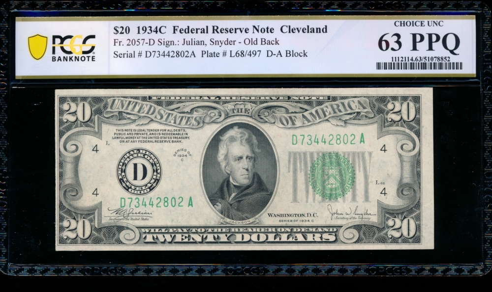 Fr. 2057-D 1934C $20  Federal Reserve Note Cleveland, old back PCGS 63PPQ D73442802A
